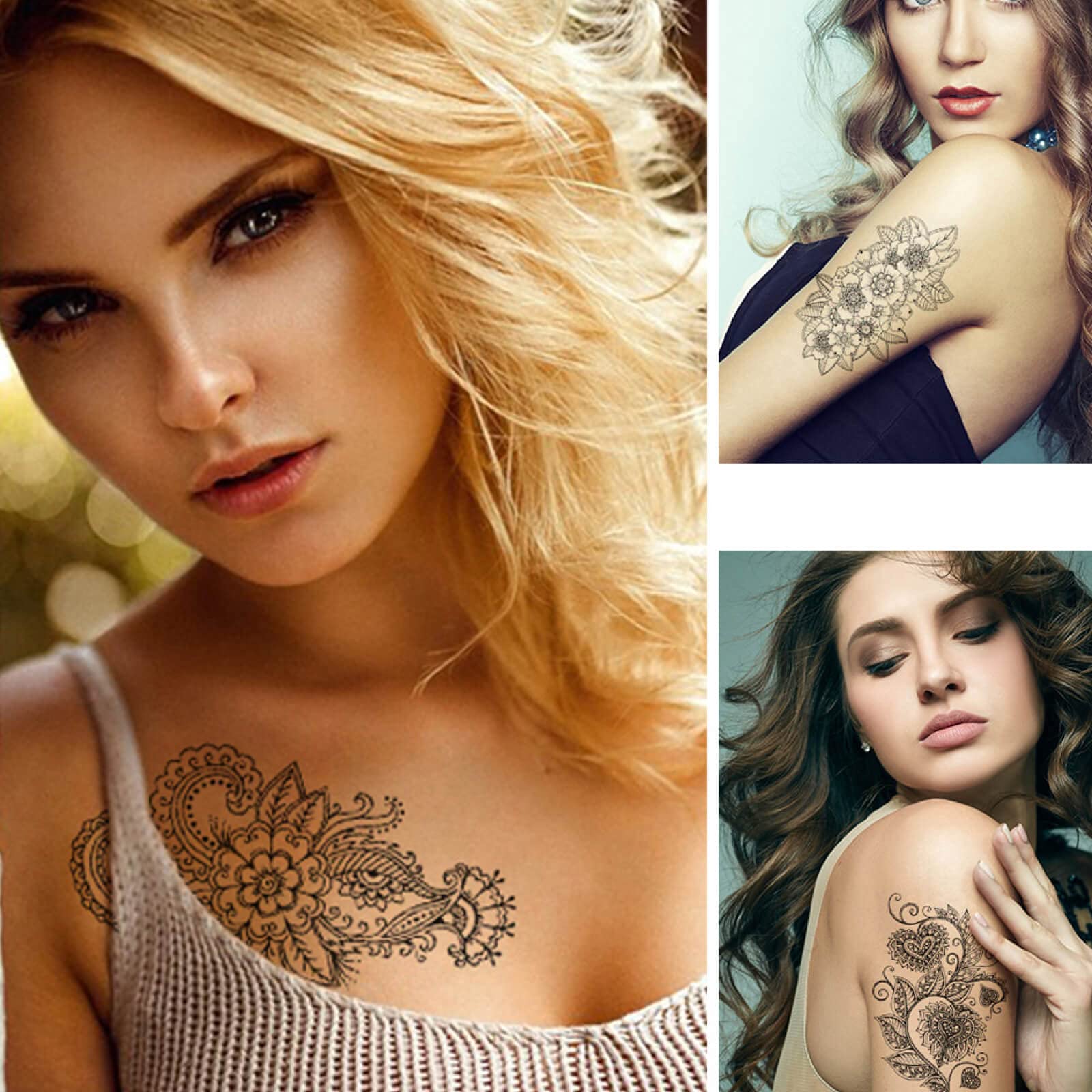 Tatuajes temporales, flores de mandala negras para mujeres y niñas, 12 hojas impermeables, sexy, mangas temporales de tatuaje para cuello, pecho, decoración artística 3