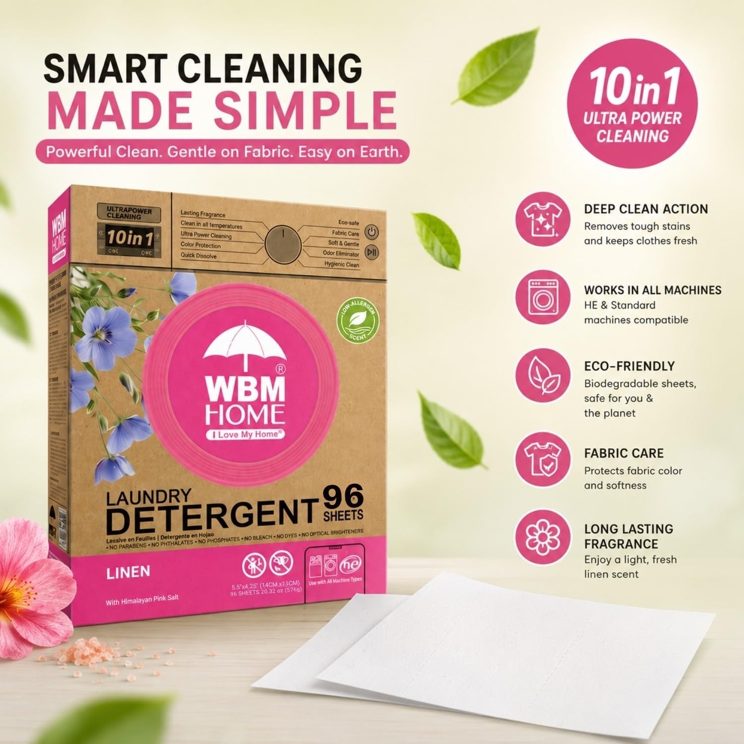 WBM Home Laundry Detergent Sheets, 96 Count – 10 in 1 Linen Scent Laundry Sheets with Himalayan Pink Salt, No Parabens No Dyes No Phosphates, For HE Top & Front Load Washers