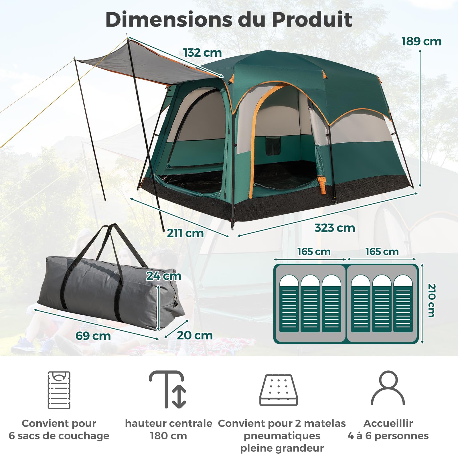 COSTWAY Tente de Camping avec 2 Pièces pour 4-6 Personnes, Tente Familiale Double Couchage Double Toit Imperméable Fenêtres en Maille Coupe-Vent Sac de Transport, pour Fête Randonnée