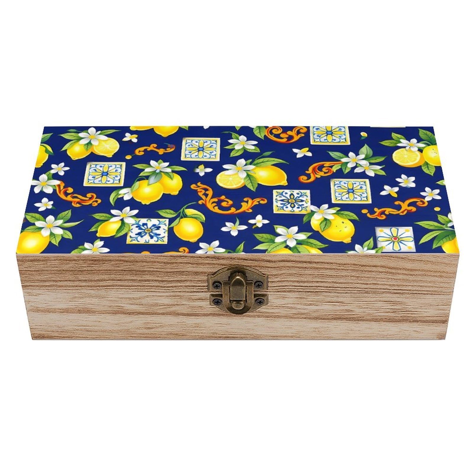 HLBSDM Blue Watercolor Lemon Tree Leaf Flowers Floral Wooden Storage Box
