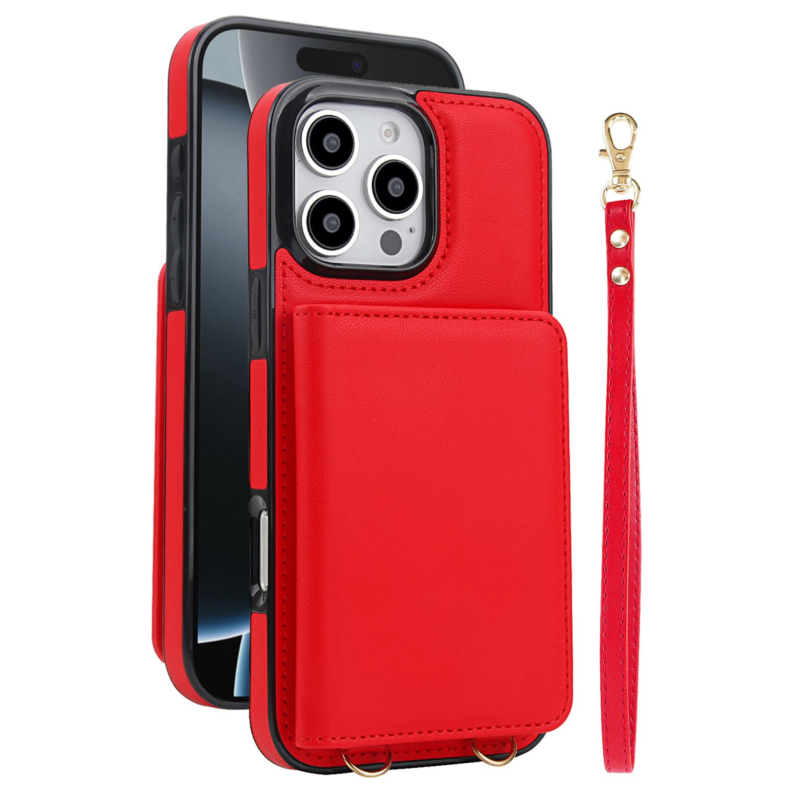 Portmonetka etui do iPhone 16 Pro Max / 16 Pro / 16 Plus/16, zapięcie magnetyczne, skórzane etui na telefon komórkowy z klapkami na karty, odporne na uderzenia, ultracienkie etui, czerwone, 16