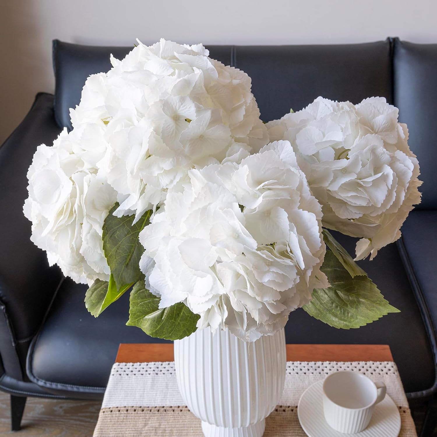 DUYONE 4pcs 22.4'' Realistic Large Artificial Hydrangea Flowers with Long Stem,White Lifelike Latex Soft Flowers for Home Decor Wedding Arrangements Party Living Room Bouquets