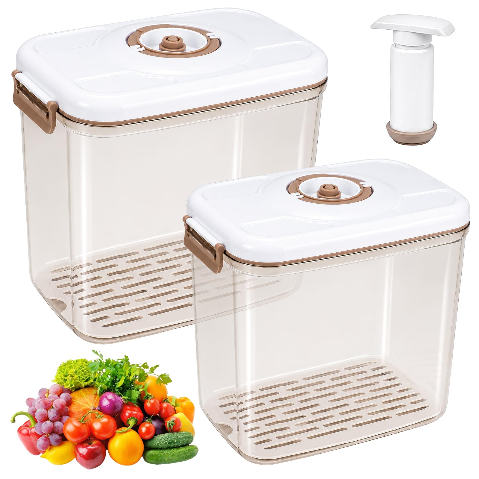 2 Pack Vacuum Seal Container, 2.7 L & 4.6 L Airtight Food Storage Box with Lids & Hand Pump, Plastic Food Fresh Seal Box with Time Dial for Vegetable Fruit Meal Prep Marinating Camping, BPA Free