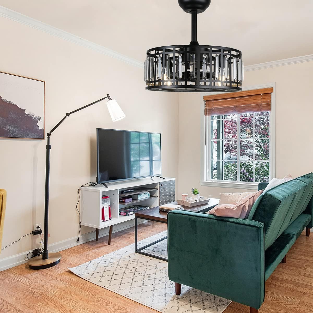 YYEHON Crystal Ceiling Fan with Lights and Remote, Bladeless Fandelier