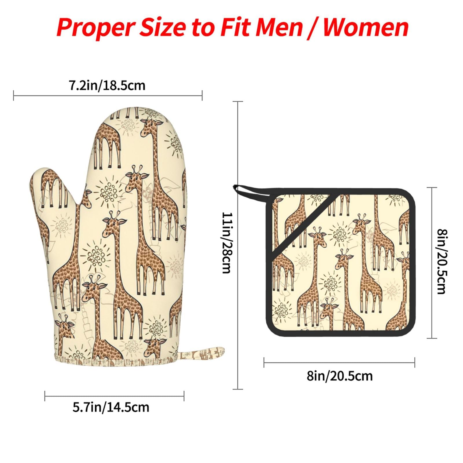 Ensemble de Quatre Gants et maniques résistants à la Chaleur, Gants de Cuisine antidérapants, maniques de Four, Motif Girafe dessiné à la Main