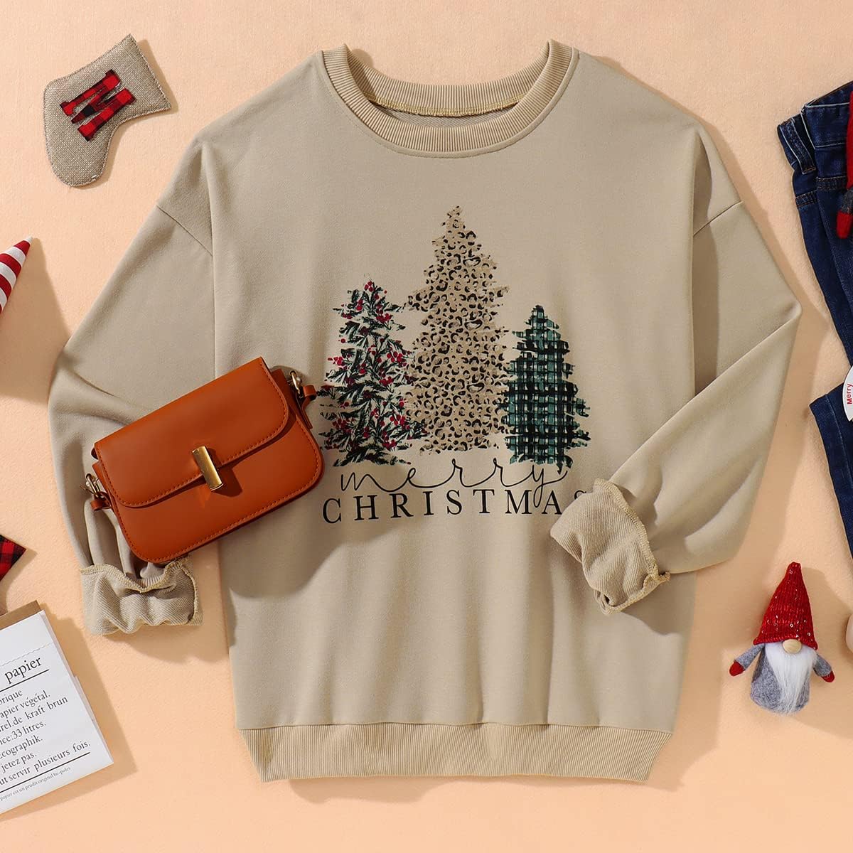 IZYJOY Merry Christmas Sweatshirt for Women Xmas Tree Graphic Long Sleeve Pullover Crewneck Oversized Lightweight Holiday Top - Image 6