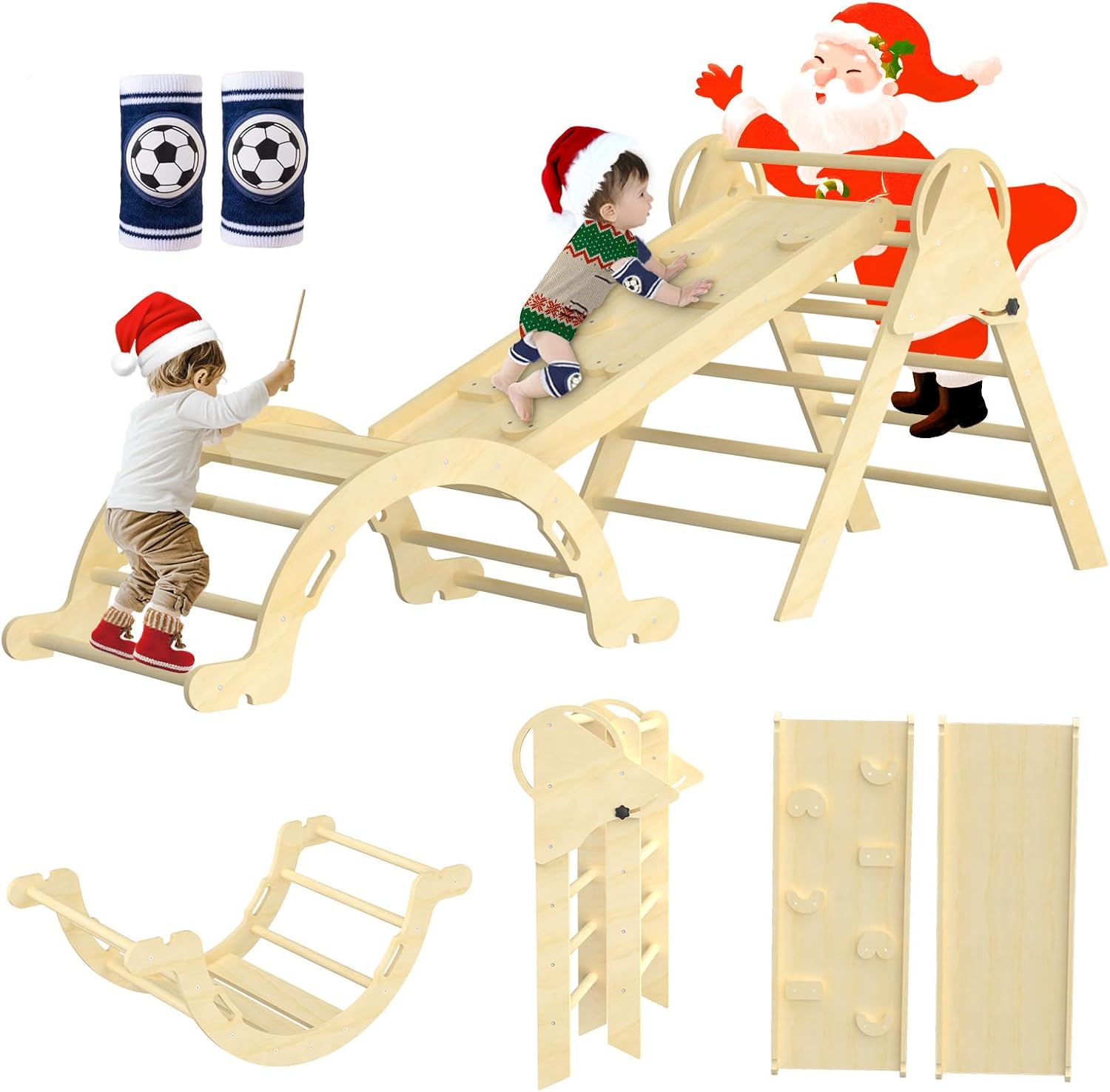 Pikler Triangle Set 7 in 1,Foldable Baby Climbing Toys Wooden,Toddler Climbing Toys Indoor,Climbing Toys for Toddlers 1-3,with Ramp, Arch and Ladder(Nature Wood) Natural