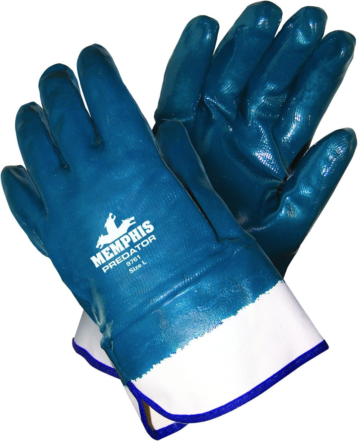 MCR Safety 9761RM Predator Nitrile and Fully Coated Palm Men's Gloves with Safety Cuff, Rough, Blue/White, Medium, 1-Pair