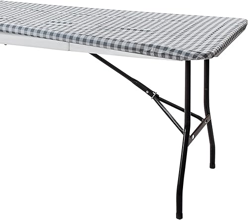 Mantel para mesa plegable, mantel rectangular de plástico con respaldo de vinilo con borde elástico, para Navidad, fiestas, picnic (cuadros grises,