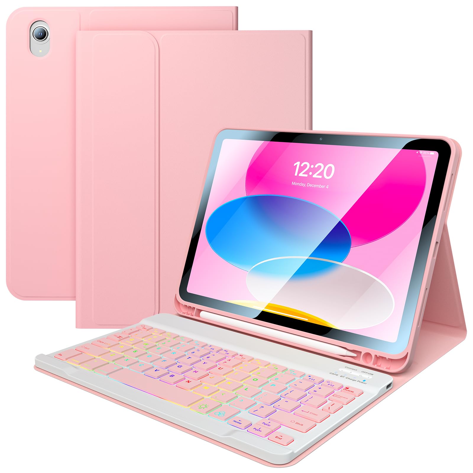 for iPad 11th 10th Generation Case with Keyboard 10.9 Inch 7Color Backlit Detachable Wireless BT Keyboard Folio Protective Case with Pen Holder for New iPad 10th Generation 2022 (Pink)