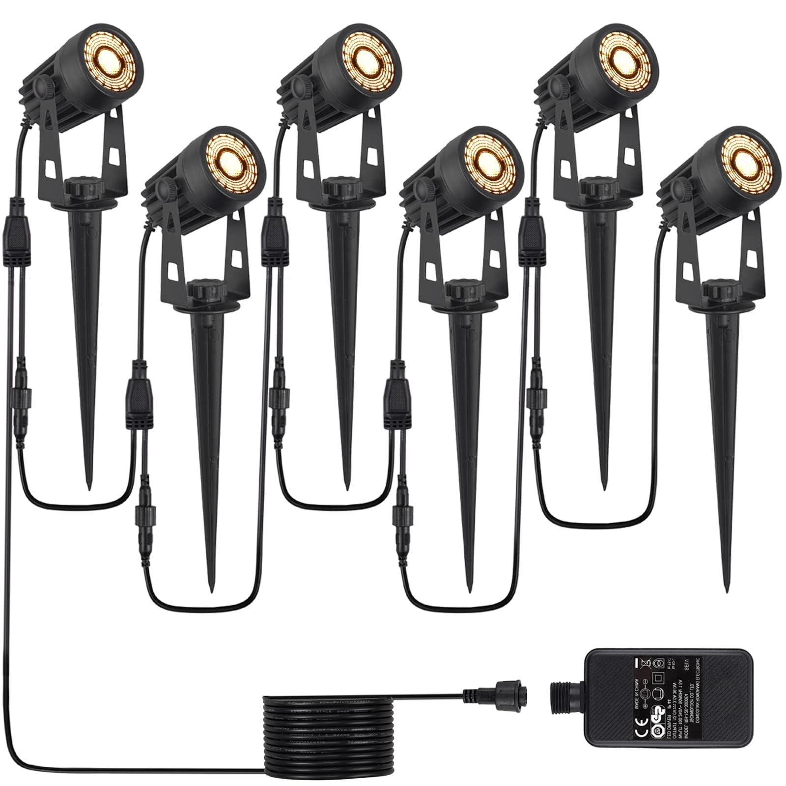 COLORLAM 6-Pack Garden Spotlights 21M/69FT Outdoor Spot Lights 6-in-1 Extendable Spike Lights 12V Outdoor Spotlights Mains Powered IP65 Waterproof with UK Plug for Pathway Yard Landscape - Warm White