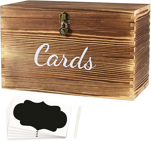 Caja de madera para tarjetas de boda con cerradura en forma de corazón, 5 etiquetas de pizarra, 1 marcador de tiza borrable, caja rústica para