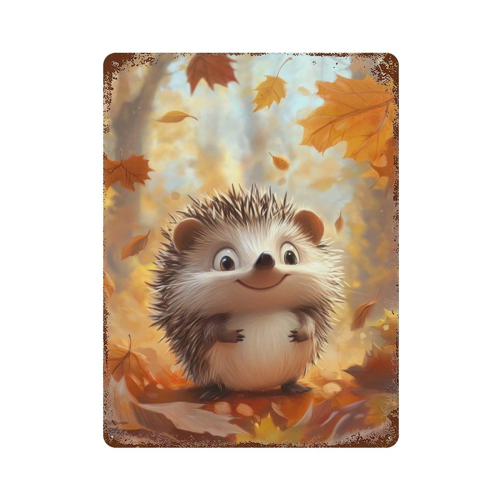 Smiling Hedgehog in Autumn Rustic Tin Plaque 15.7"x11.8", Ideal for Shed, Workshop And Garage Wall Decor