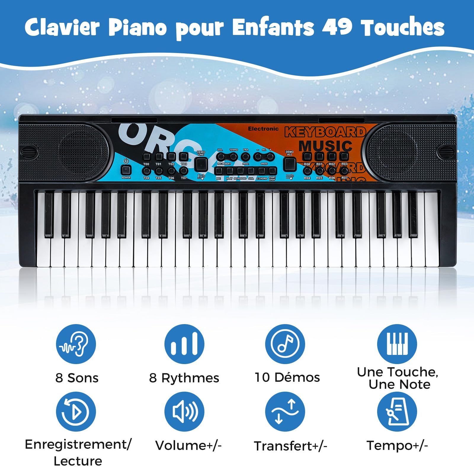 COSTWAY Clavier Piano Enfants 49 Touches avec Microphone, Piano Numérique Portable avec 8 Rythmes, 8 Tonalités, 10 Démos, Haut-parleurs, Jouet Musical Éducatif pour Garçons Filles 3 Ans+ (Noir)