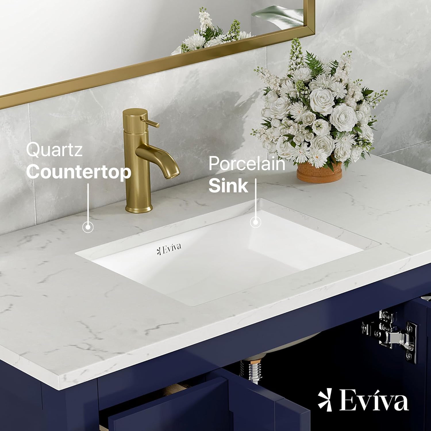 Eviva Hampton 36 in. Blue Single Sink Bath Vanity with Carrara Quartz Top and Undermount Porcelain Sink
