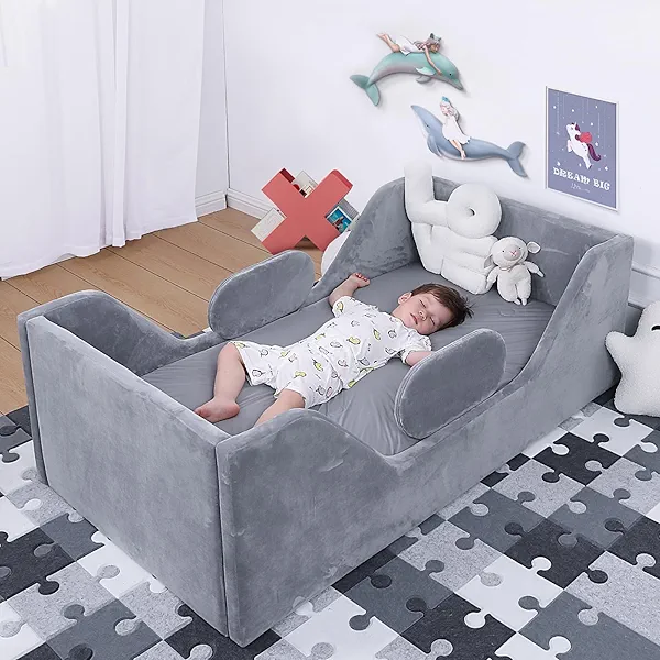 weeonekids Toddler Bed, Child Bed for Kids with Extra Safty Broad, Standard Crib Size Toddler Bed, Certified Fabric Toddler Beds,Toddler Flood Bed (Gray)