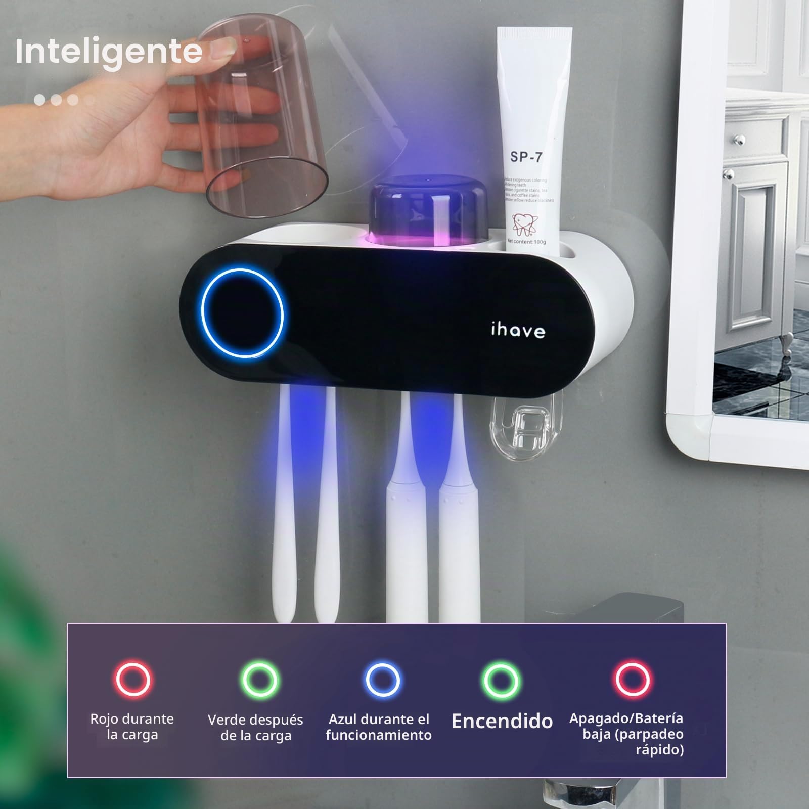 iHave Soportes para cepillos de dientes para baños, desinfectante UV y soporte para el hogar inteligente, accesorios de baño, 2 tazas