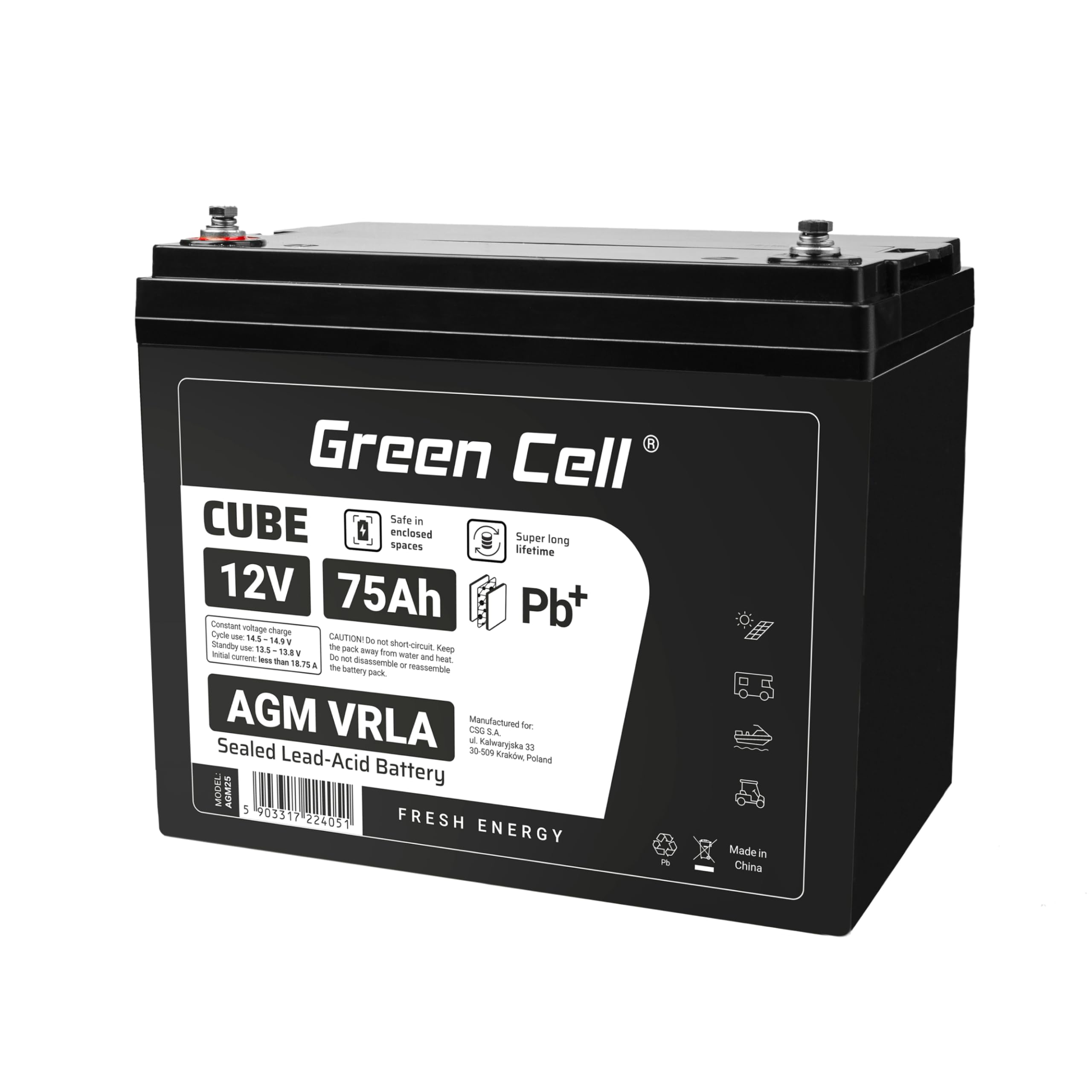 Green Cell AGM 12 V 75 Ah con batteria IP54 in tessuto non tessuto, batteria al piombo, batteria di ricambio, resistente ai cicli, non necessita di manutenzione, barca elettrica da traina (12 V 75 Ah)