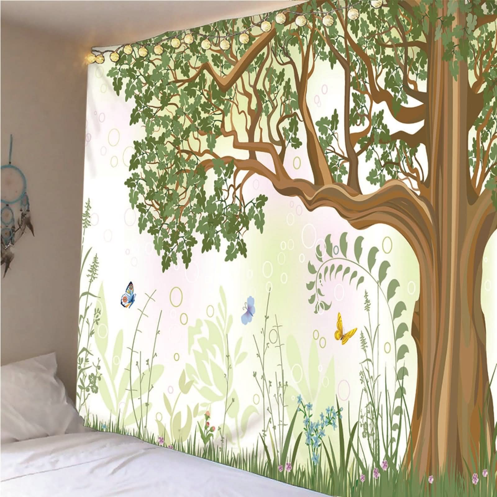 Tapiz Decorativo, Decoración Terraza Pared Árbol y Mariposa Poliéster Verde Marrón 300x260CM Regalo Mujer