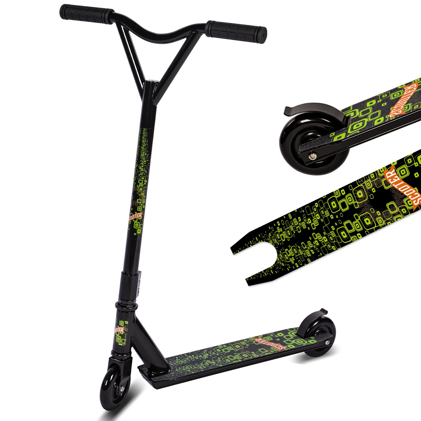 Stunt Scooter, Street Trick Scooter with 100mm PU Wheels ABEC-5 Bearings, Beginner Level Kick Scooters for Kids Teens, Freestyle Stunt Scooters Ages 8 9 10 11 12+(Square Frame)