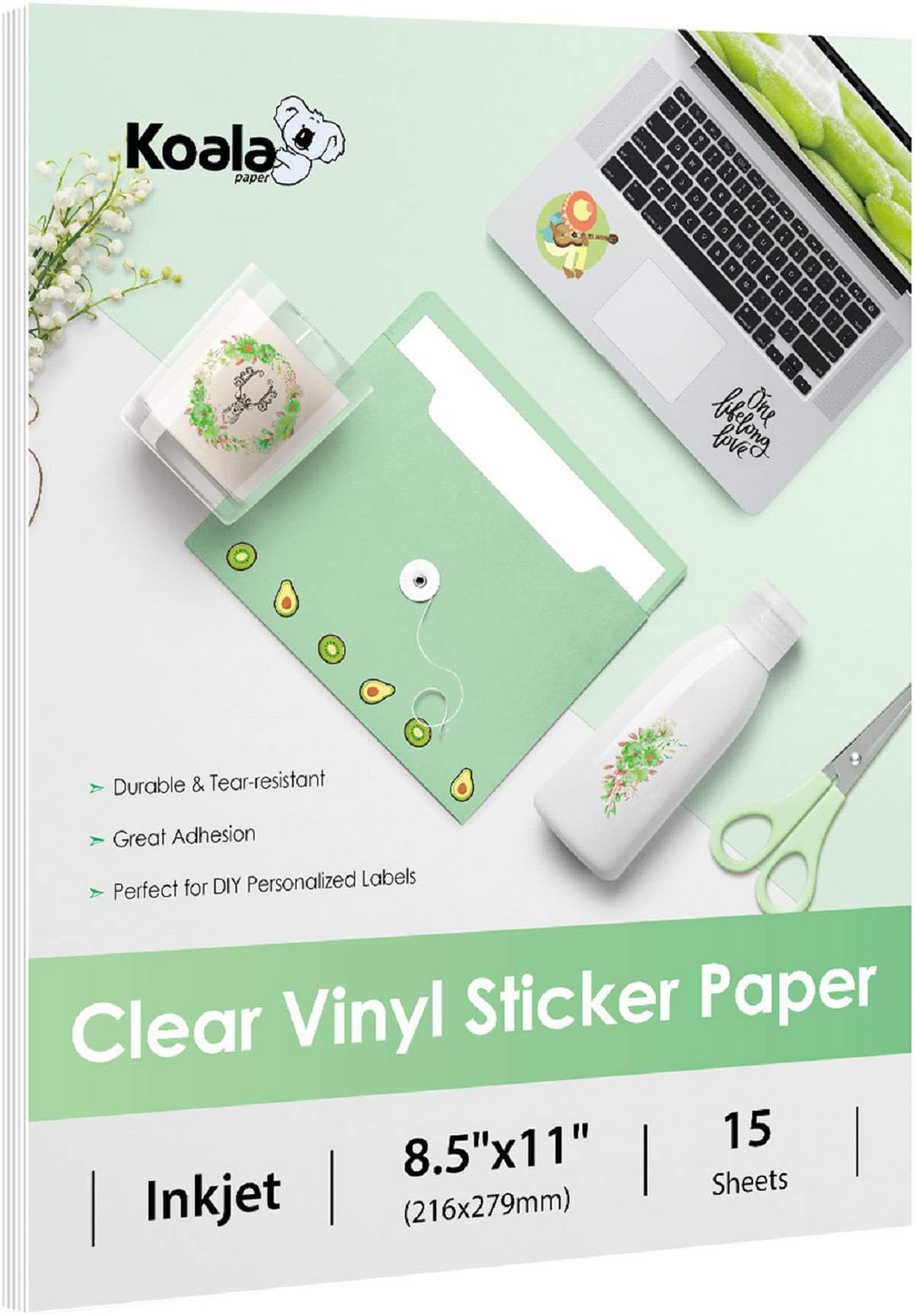 Koala 95% Clear Sticker Paper for Inkjet Printer - Waterproof Clear Printable Vinyl Sticker Paper - 8.5x11 Inch 15 Sheets Transparent Glossy Sticker Paper for DIY Personalized Stickers, Labels, Decals