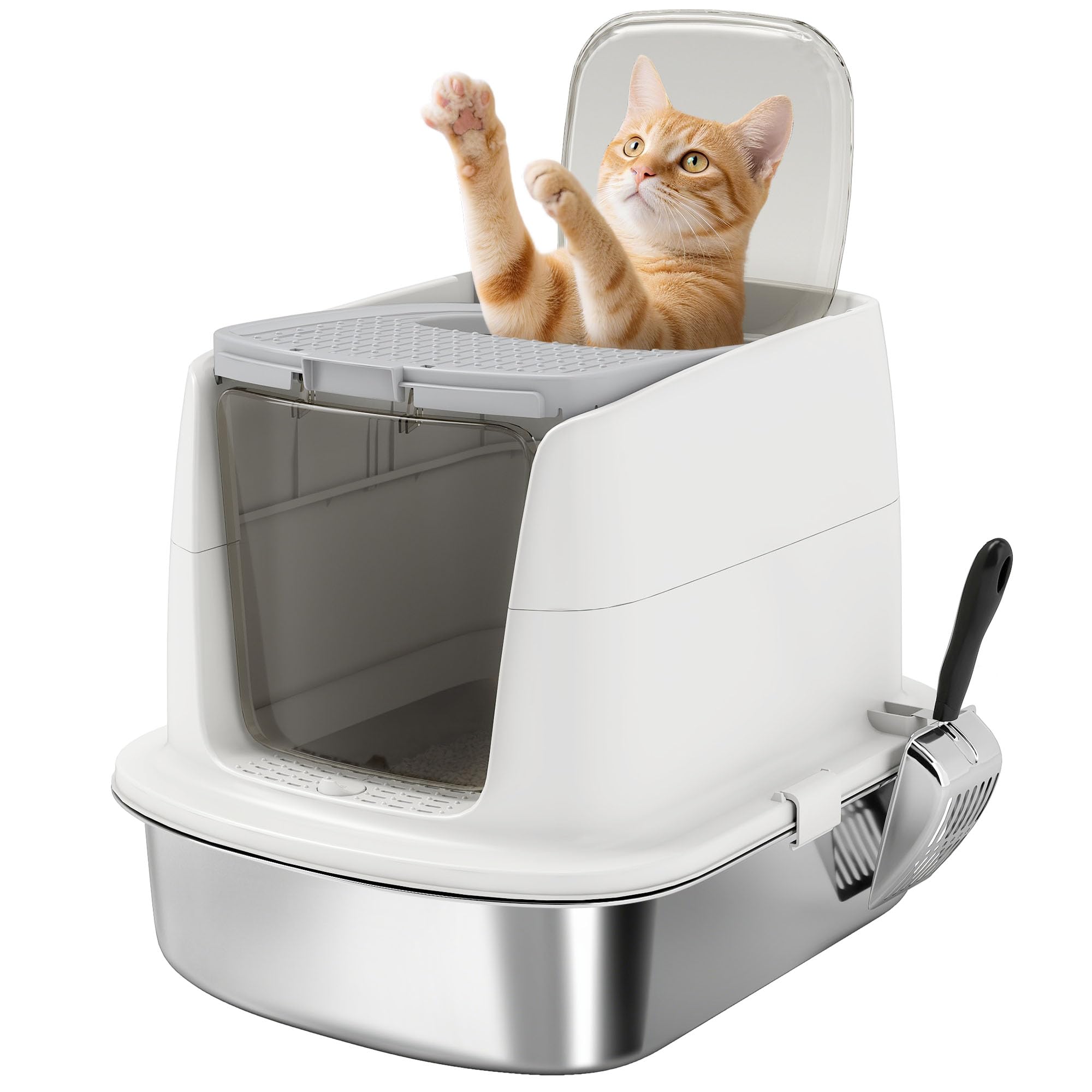 PawHut Arenero para Gatos de Acero Inoxidable L, Caja de Arena para Gatos con Tapa Abatible, Pala Metálica, Bolsa Desodorizante, Fácil de Limpiar, Antifugas, Blanco