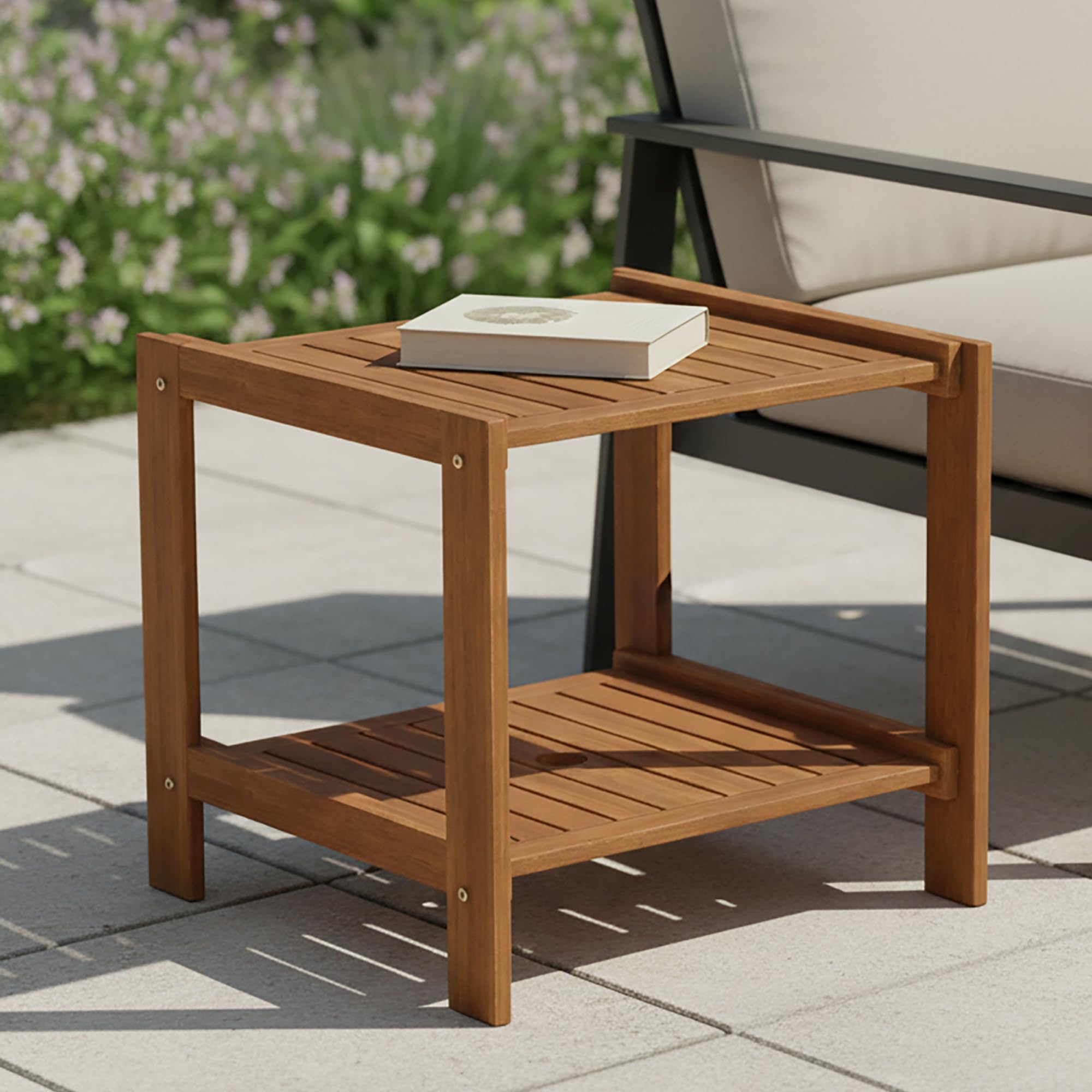 Mesa auxiliar con agujero para paraguas Furinno TIOMAN, madera clara resistente para patio