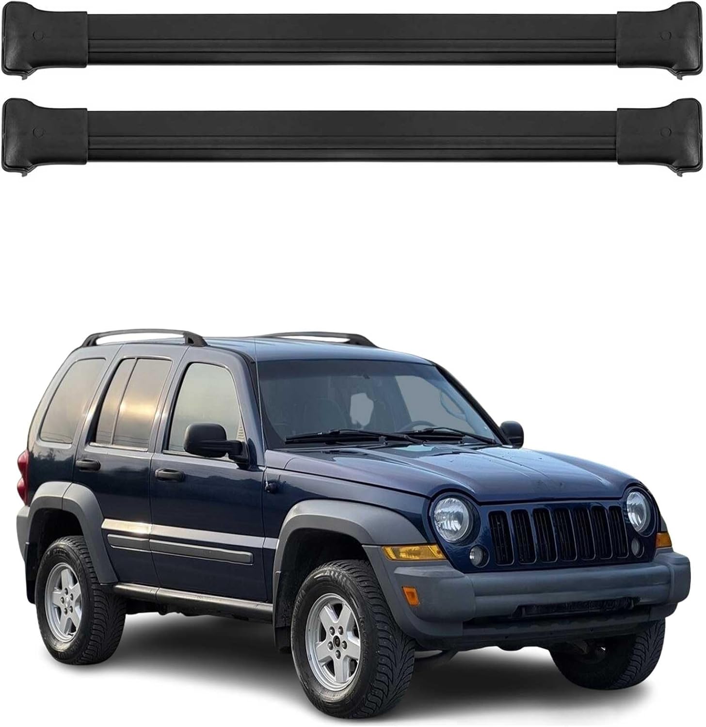 OMAC Roof Rack Cross Bars for Jeep Liberty 2002-2007 Lockable 165Lbs Aluminium Black 2Pcs fits Cargo Carriers Kayak Canoe Bike Snowboard