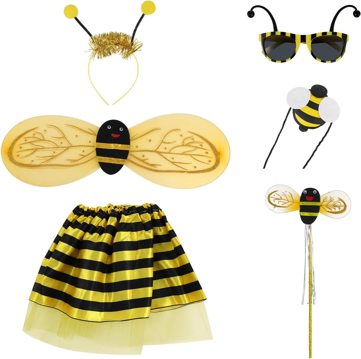 FRIUSATE 6 Pcs Bee Costumes for Kids, Bumblebee Fancy Dress Girls Dress up Costume with Wings Headband Wand Skirt Glasses for 2-5 Years Old, Halloween Christmas Party Cosplay Favors Stage Performance