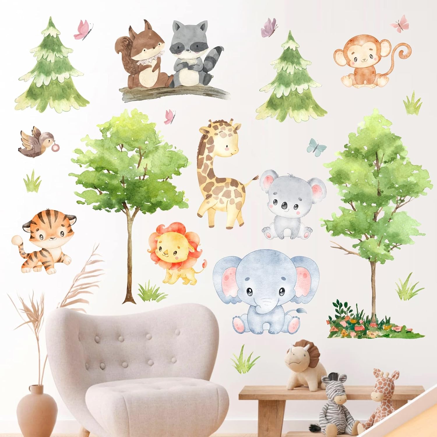Safari Wall Stickers Baby Wall Decals for Nursery Jungle Animal Tree Wall Sticker Removable Elephant Monkey Wall Art Mural Cartoon Animal Wall Decal for Kids Girls Boys Room Living Room Playroom Decor - Image 2