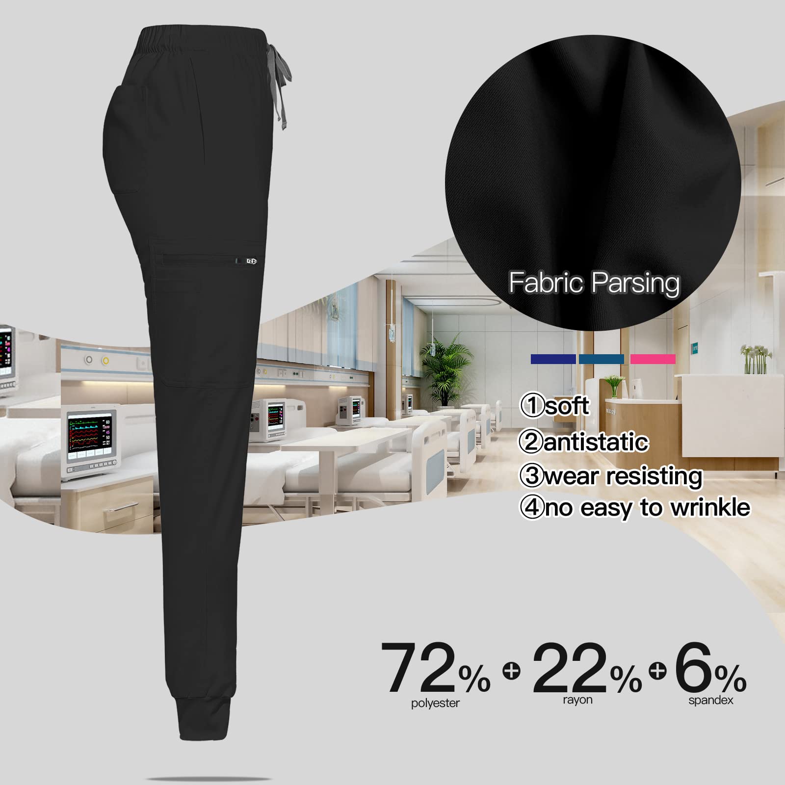 niaahinn Jogger Scrub Pants for Women, Anti-Wrinkle Medical Uniform Unisex with Multiple Pockets (Black,XS,X-Small)