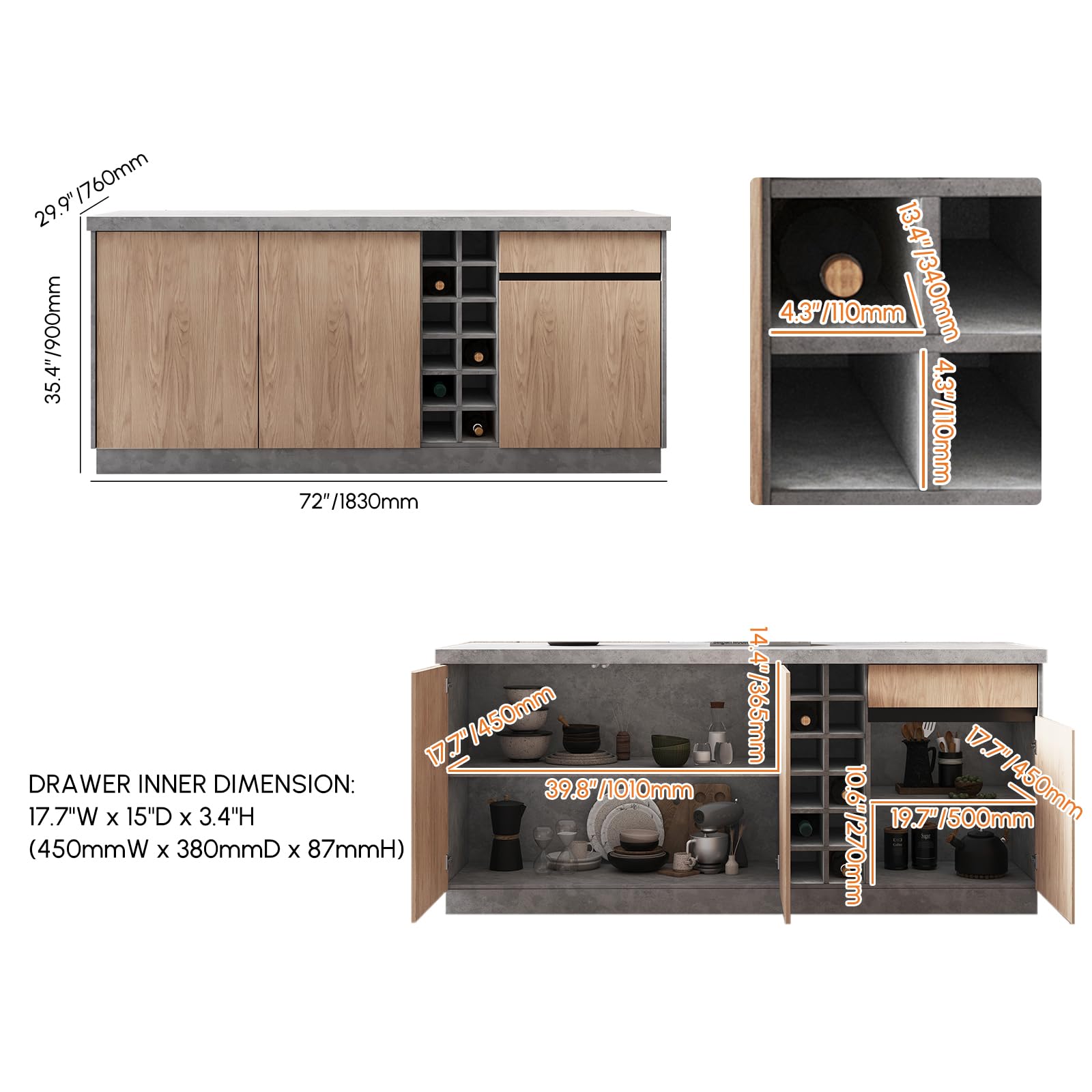 Homary Moderne Kücheninsel aus Melamin, 182,9 cm, mit Weinaufbewahrung und Sitzplatz, Stabiler Esstisch mit zusätzlichem Stauraum (Grau, 183cm: LED, Standard: Holzwerkstoffe)