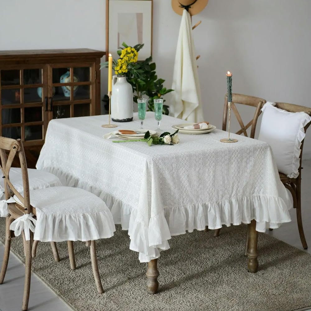 Mantel de algodón blanco con ribete de encaje, mantel de tela rústica para el hogar, fiestas, decoración de Navidad, elegante decoración de mesa de comedor