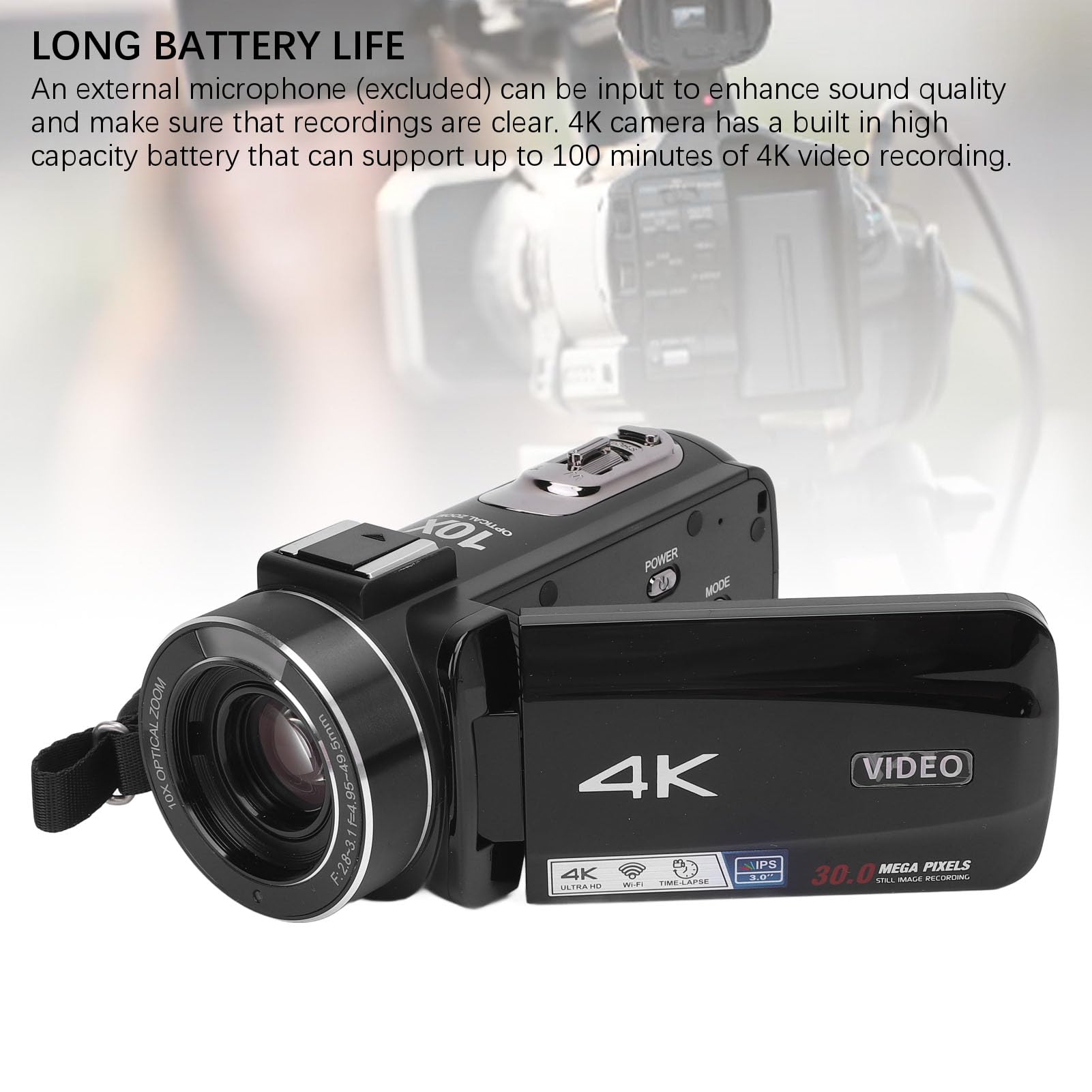 Yunseity 4K Video Camera Camcorder, 2 Inch IPS Touchscreen Camera with Remote Control, 30MP Anti Shake 10X Digital Zoom Vlogging Camera for Kids Teens Students Beginners