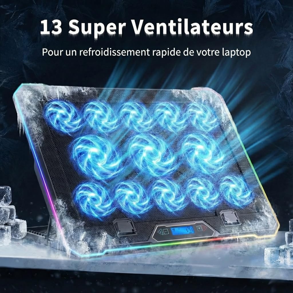 AABCOOLING Quantum -Ventilateur PC Gamer 9-17" -Support De Téléphone - Éclairage RVB - 13 LED Ventilateurs Silencieux, Efficaces -Réglage de 9 Niveaux - Contrôle LCD - Refroidisseur Laptop Cooler