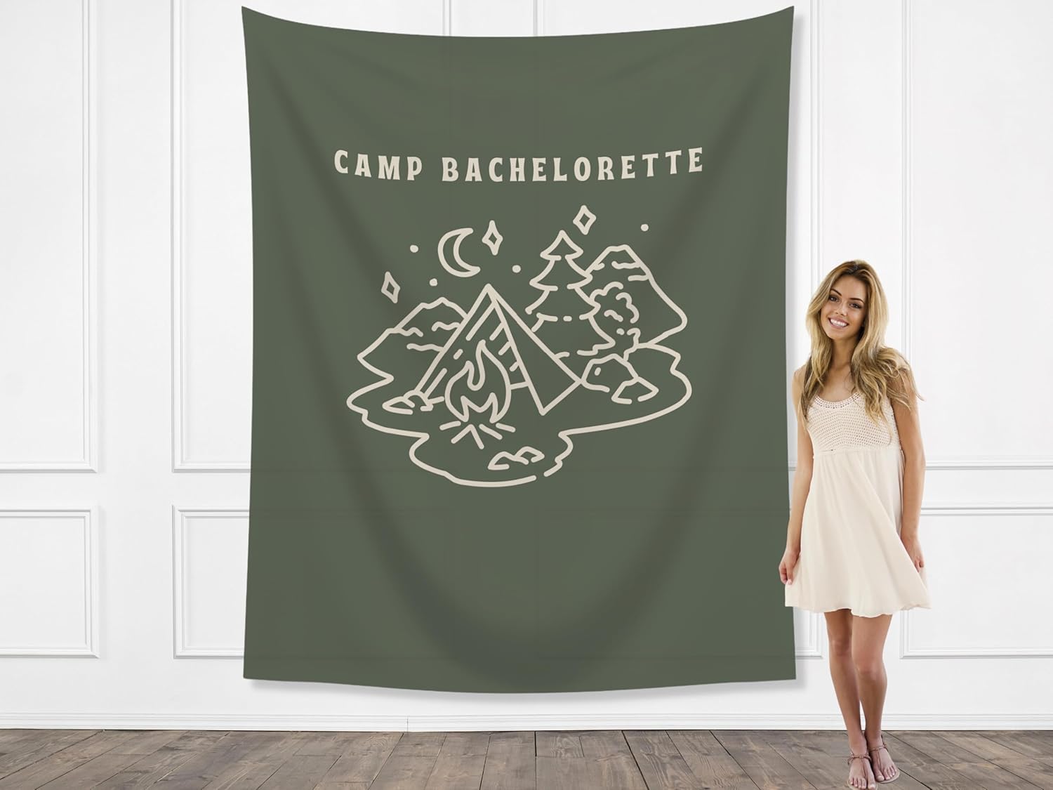 Modern Camp Bachelorette Party Custom Text Backdrop | Mountain Lake Bachelorette Party Personalized Banner (Green)