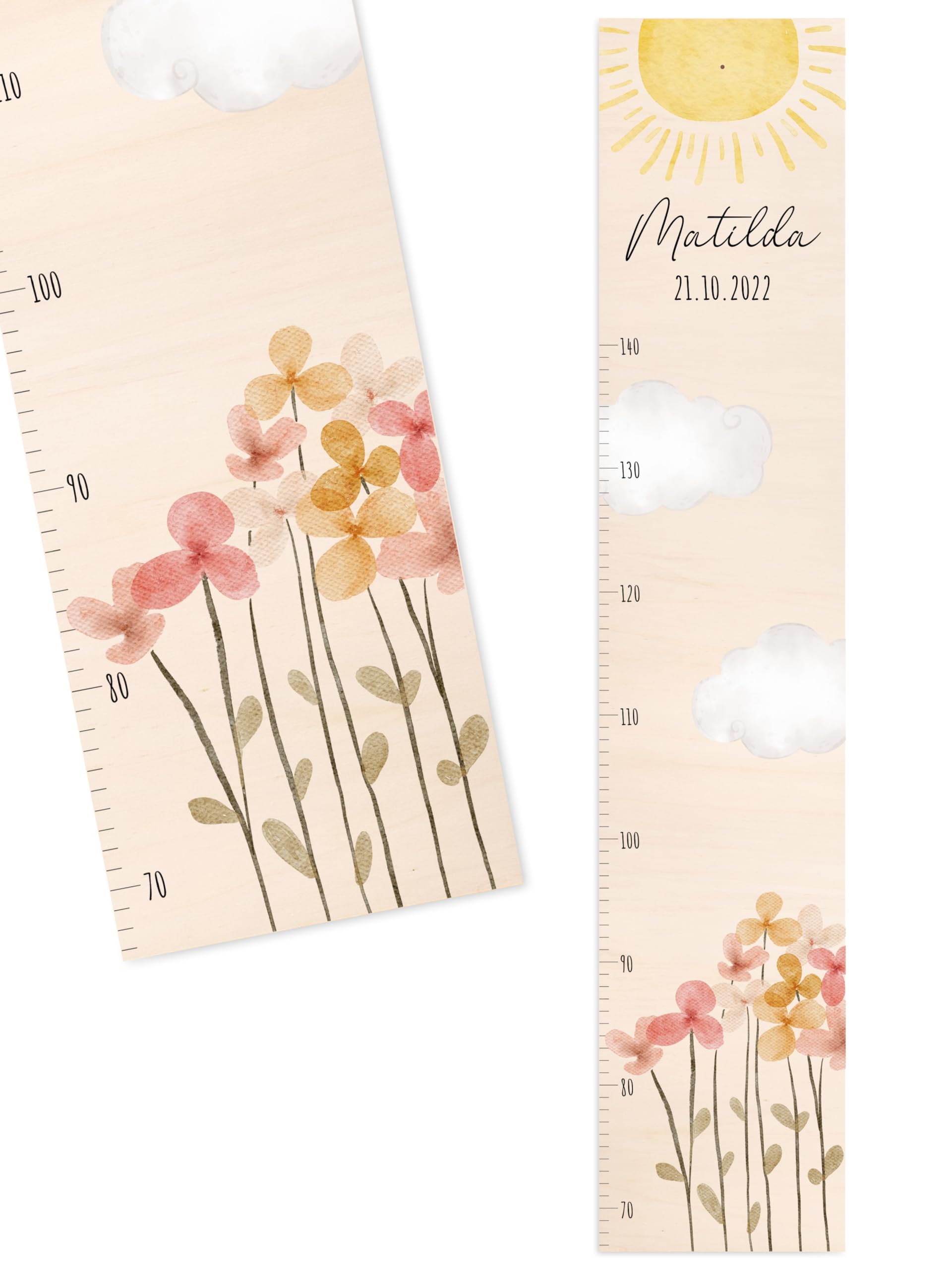 Bärenfreunde® - Personalisierte Messlatte Kind Holz zum Kleben oder Aufhängen - Skala 70-140cm - Süße Dekoration für Baby- & Kleinkinderzimmer (Kinder 70-140cm, Blumen und Sonne)