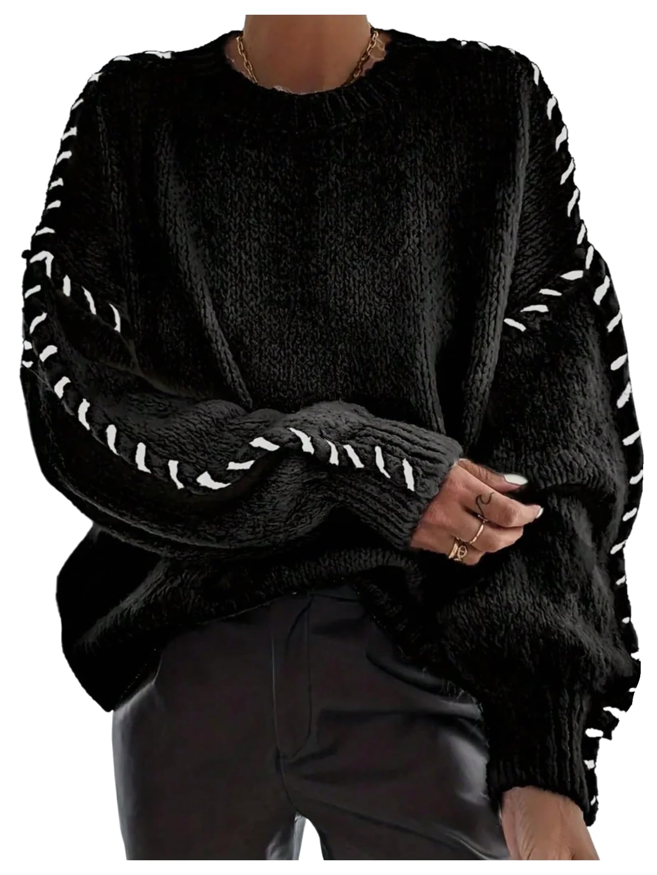Womens Fall Oversized Sweaters Stitching Long Sleeve Crew Neck Baggy Knit Pullover Jumper Tops