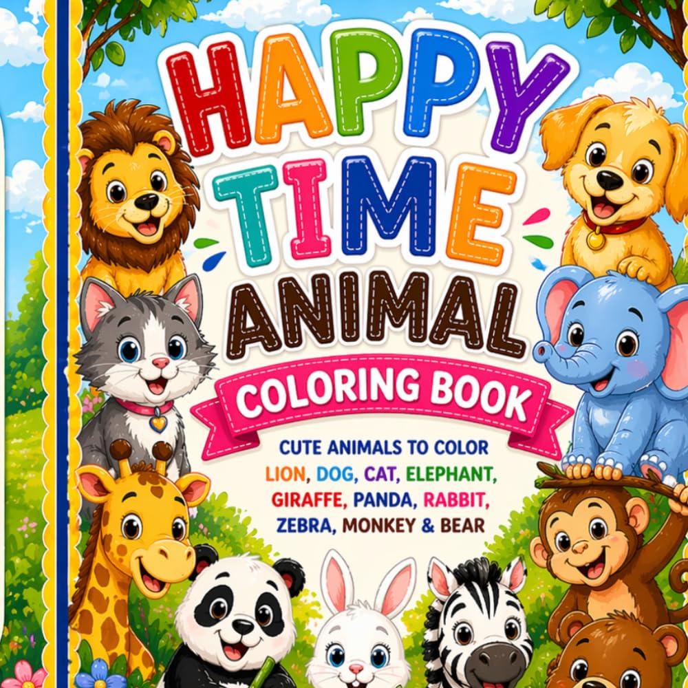 Happy Time Animal Coloring Book: Fun & Easy Coloring Pages for Kids | Color Lion, Dog, Cat, and Friends