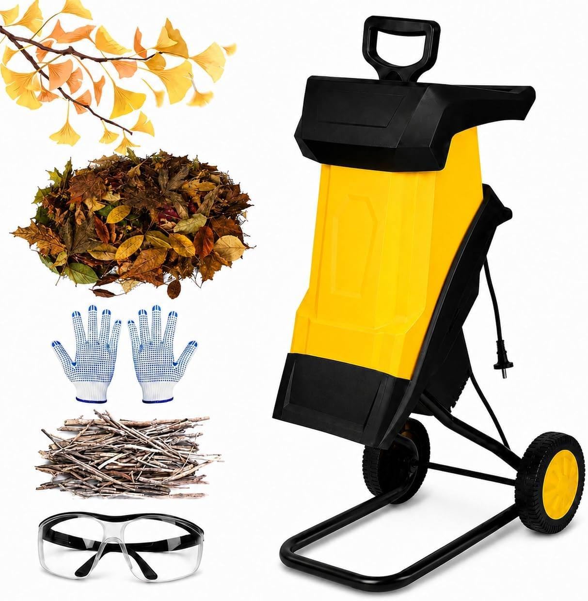 Biotrituradora Eléctrica para Ramas 2500 W 10m | Corte hasta 40 mm, 4500 rpm, Motor con Bobinado de Cobre, Doble Cuchilla, Asa, Ruedas y Bolsa de Recogida