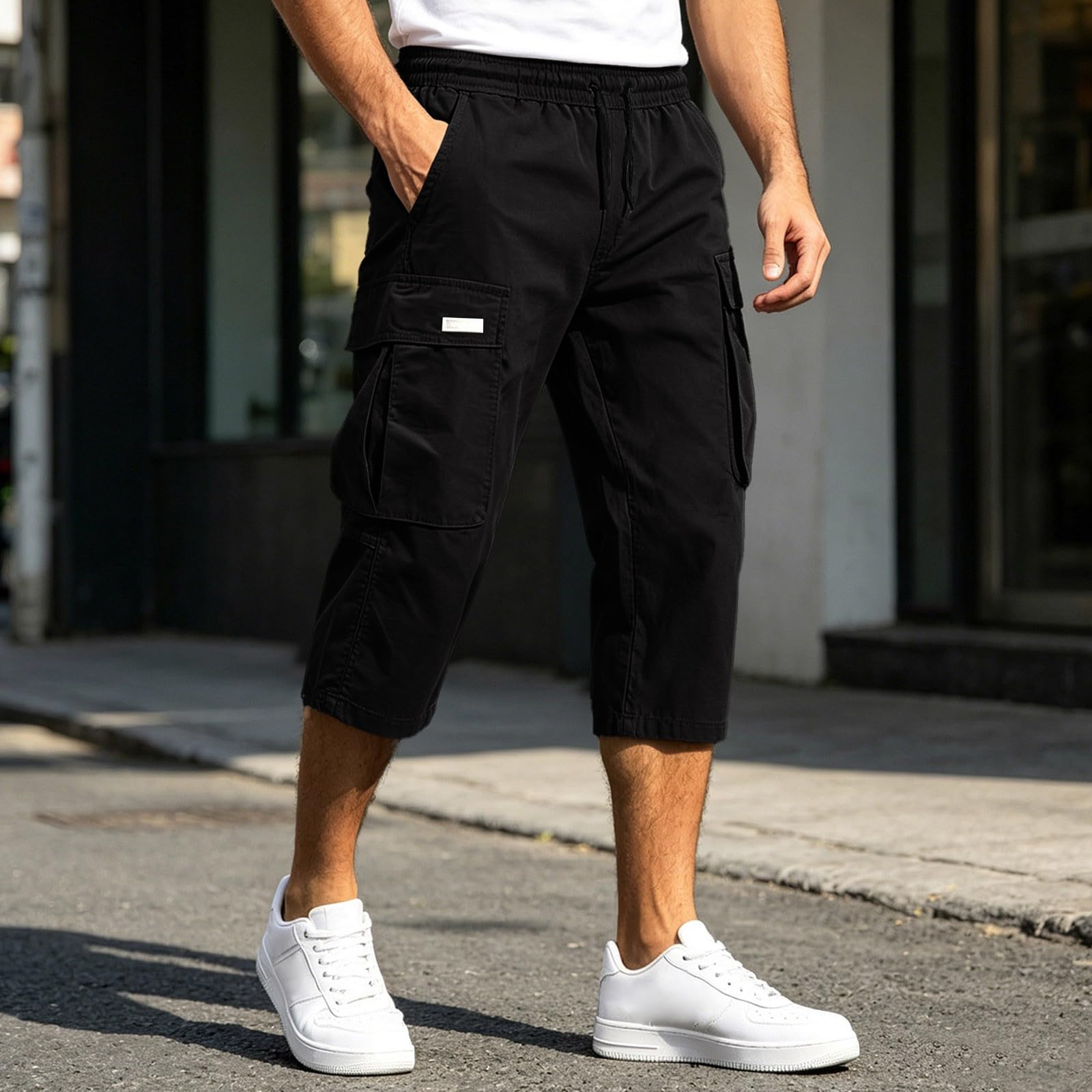 Herren 3/4 Cargo Shorts Stretch Sommer Dreiviertel Cargohose Arbeitshosen mit Mehreren Taschen,S-5XL