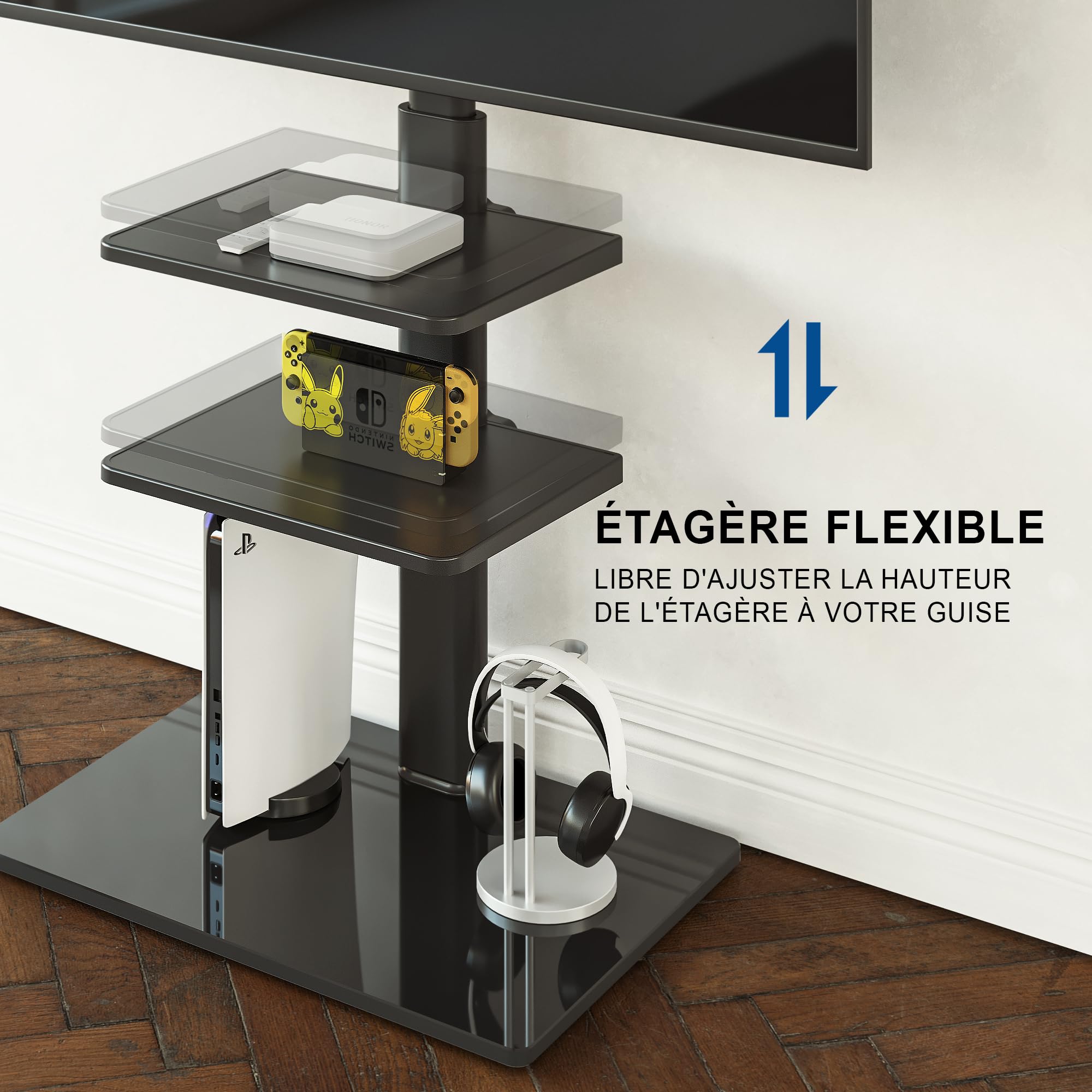 FITUEYES Support TV sur Pied, 2 Étagères, 32-60 Pouces, VESA 600 x 400 mm | Pied TV, pour Salon, Chambre et Bureau, Hauteur Réglable, Charge Maximale 30 kg, Gestion des Câbles, Noir