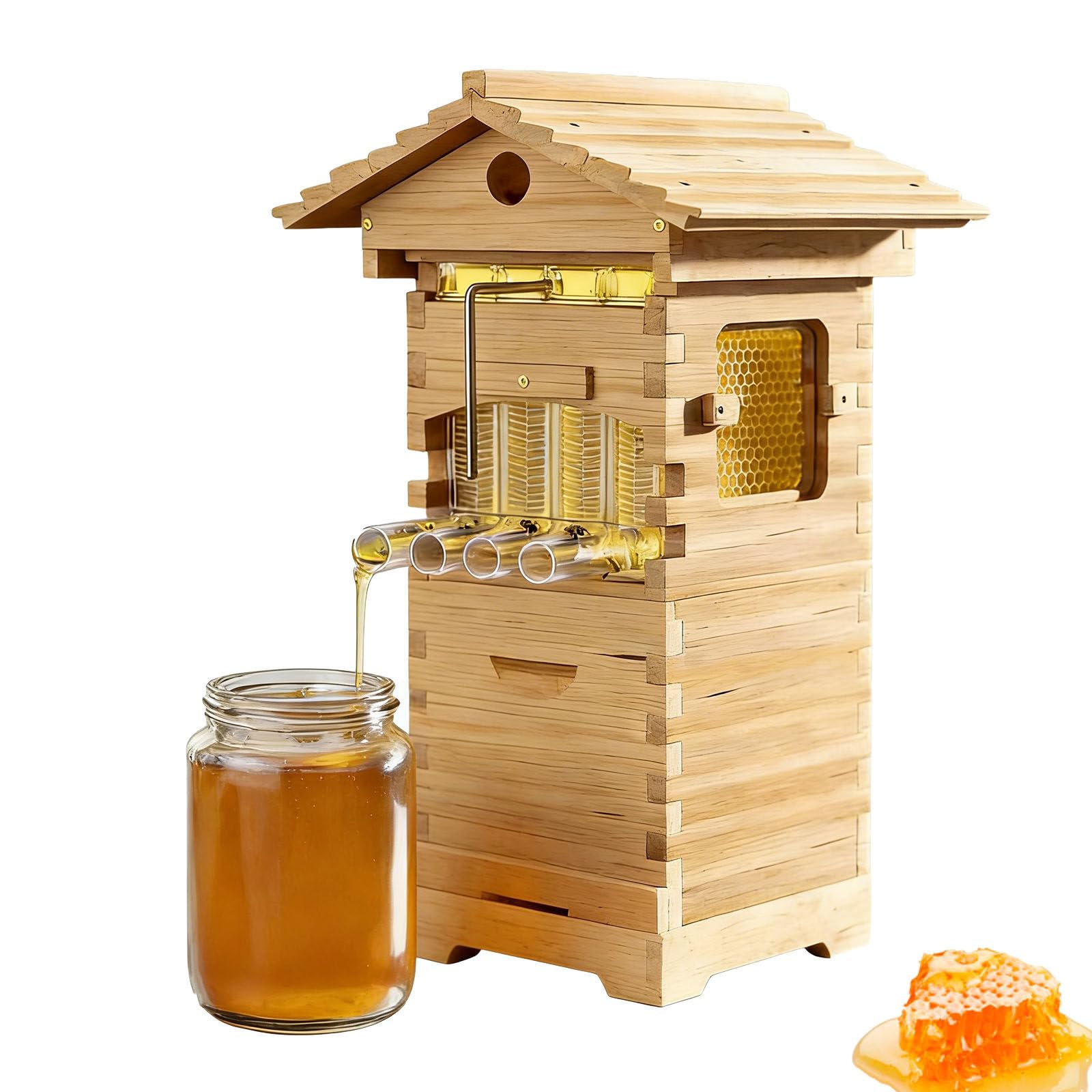 Alsup Multicolor Beehive Starter Kit, Self-Flowing Wooden Bee Hive Box With Observation Window & Honey Spout, Complete Beekeeping Supplies For Backyard Beginners