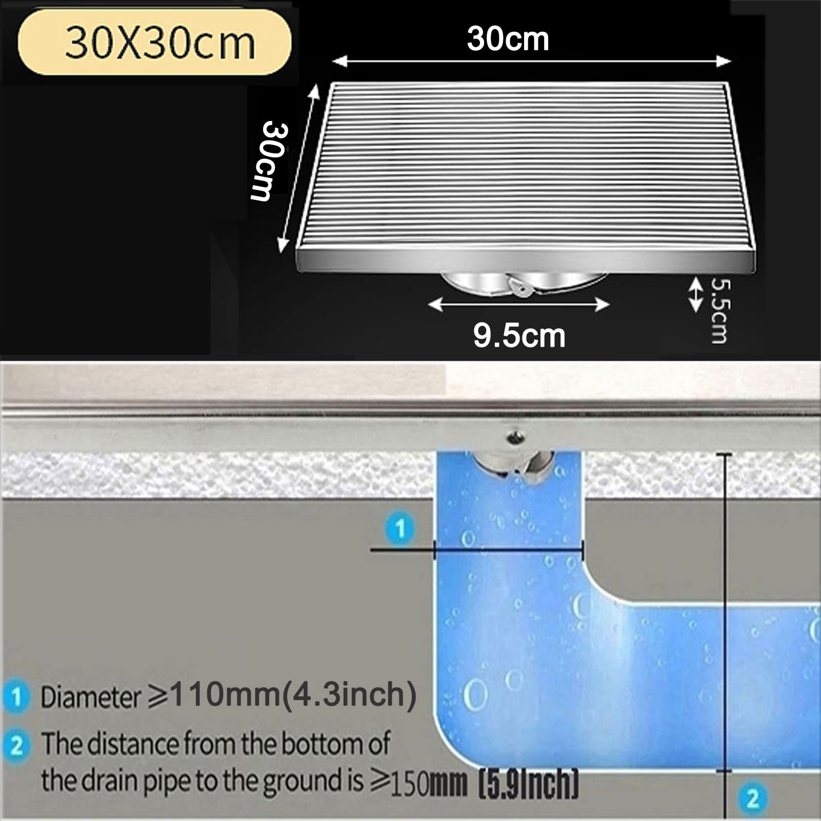 Desagüe Cuadrado de Ducha de Acero Inoxidable SUS304 Cepillado con colador para Cabello y Tapa extraíble de 30x30 cm. Escurridor de Suelo para Cocina, baño, Garaje y sótano. Acabado Plateado