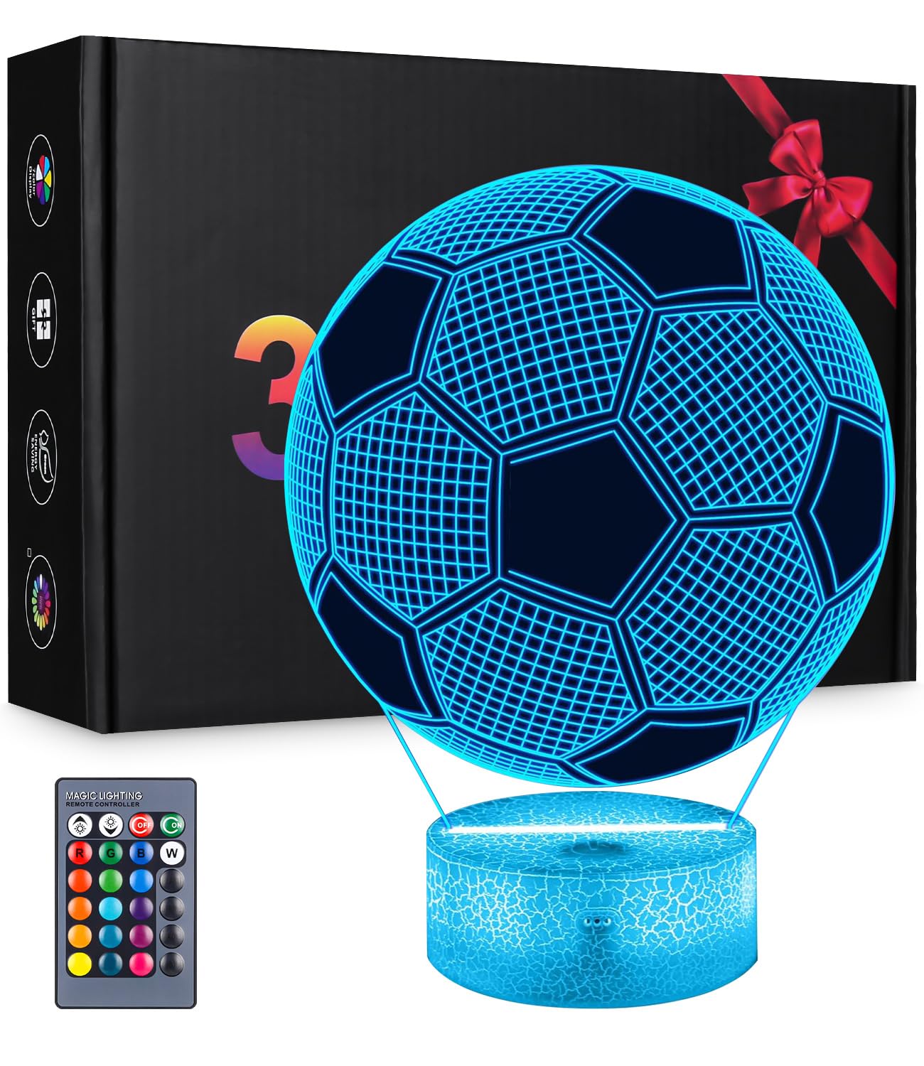 Yulado Lampara Futbol, 3D LED Lámpara Luz de noche con control remoto,16 cambiar el color LED Touch Luz de noche, Regalos Cumpleaños para Navidad Decoración para Niños,Luz nocturna infantil
