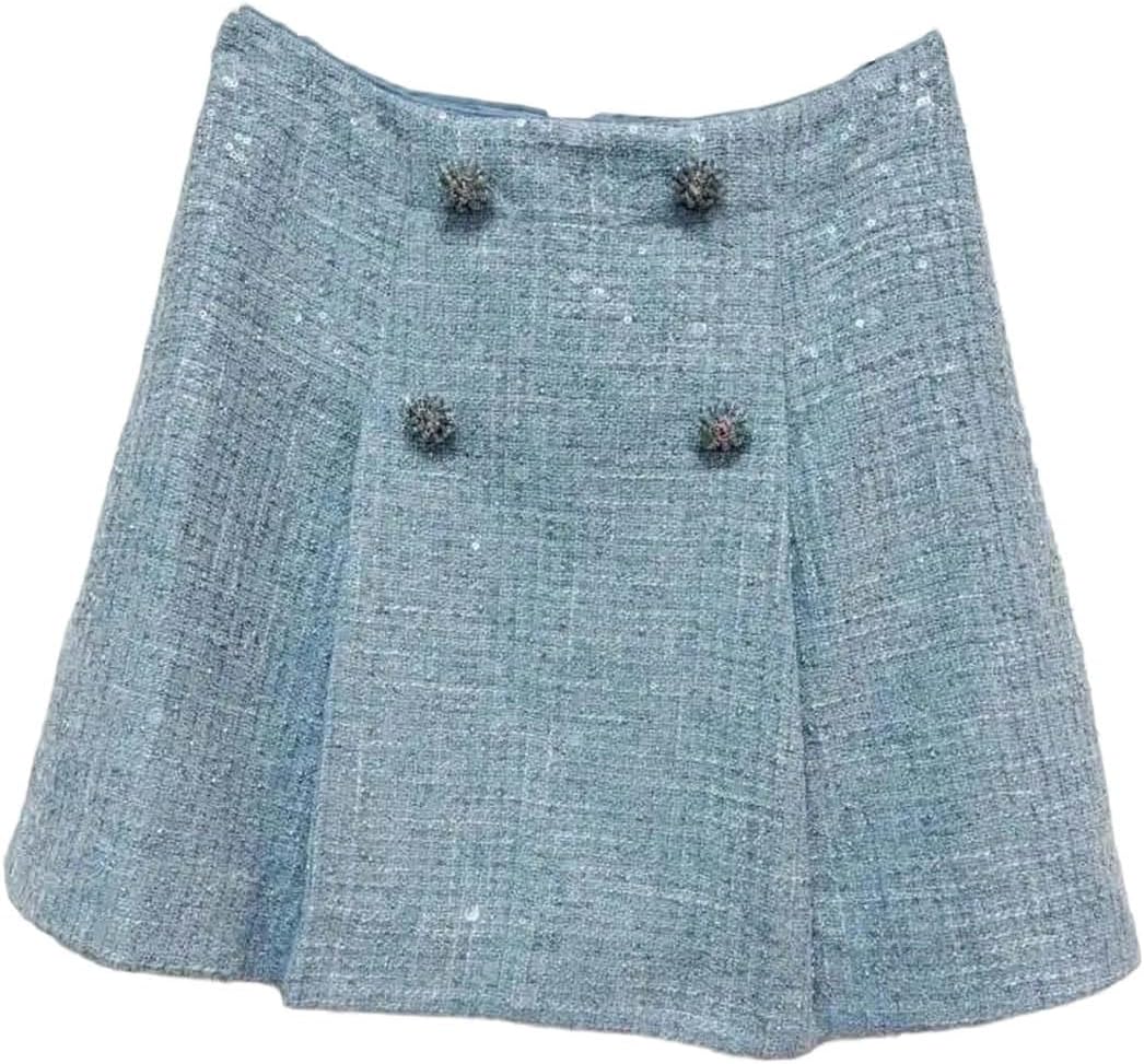 Women's Diamonds Beaded Blue Woolen Tweed Sequin Two Piece Jackets Coats