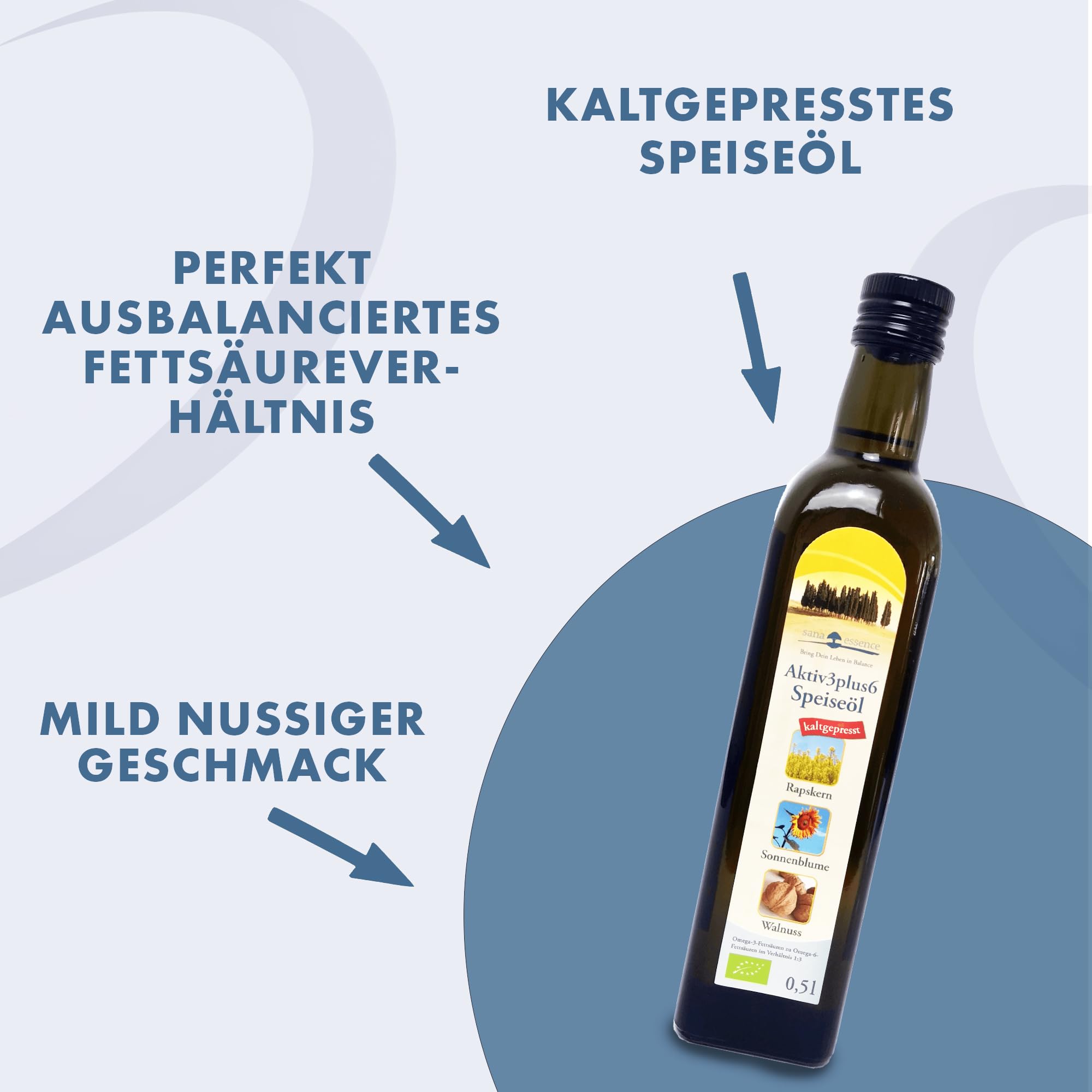 Sana Essence Bio Aktiv 3+6 Speiseöl | kaltgepresstes Pflanzenöl mit Omega-3 & Omega-6 | Raps-, Sonnenblumen- & Walnussöl | ideal für Salate & Rohkost 6 x 500ml