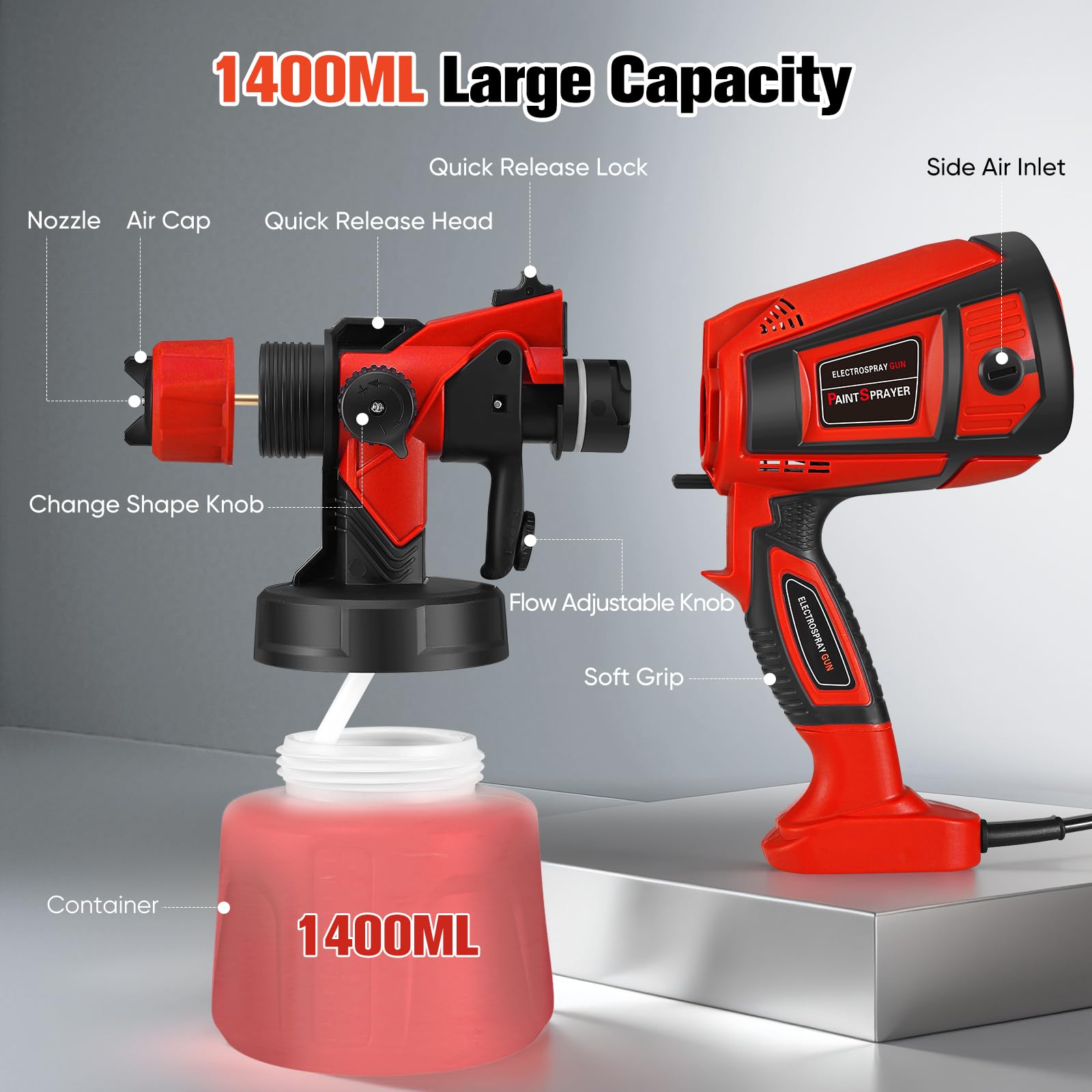 Pistola de Pintura, Pistola de Pintura Eléctrica HVLP 800W con 4 Boquillas Cobre 3 Patrones, Capacidad 1400ml Flujo Ajustable para Paredes Interior Exterior Vallas Techos Muebles, Rojo