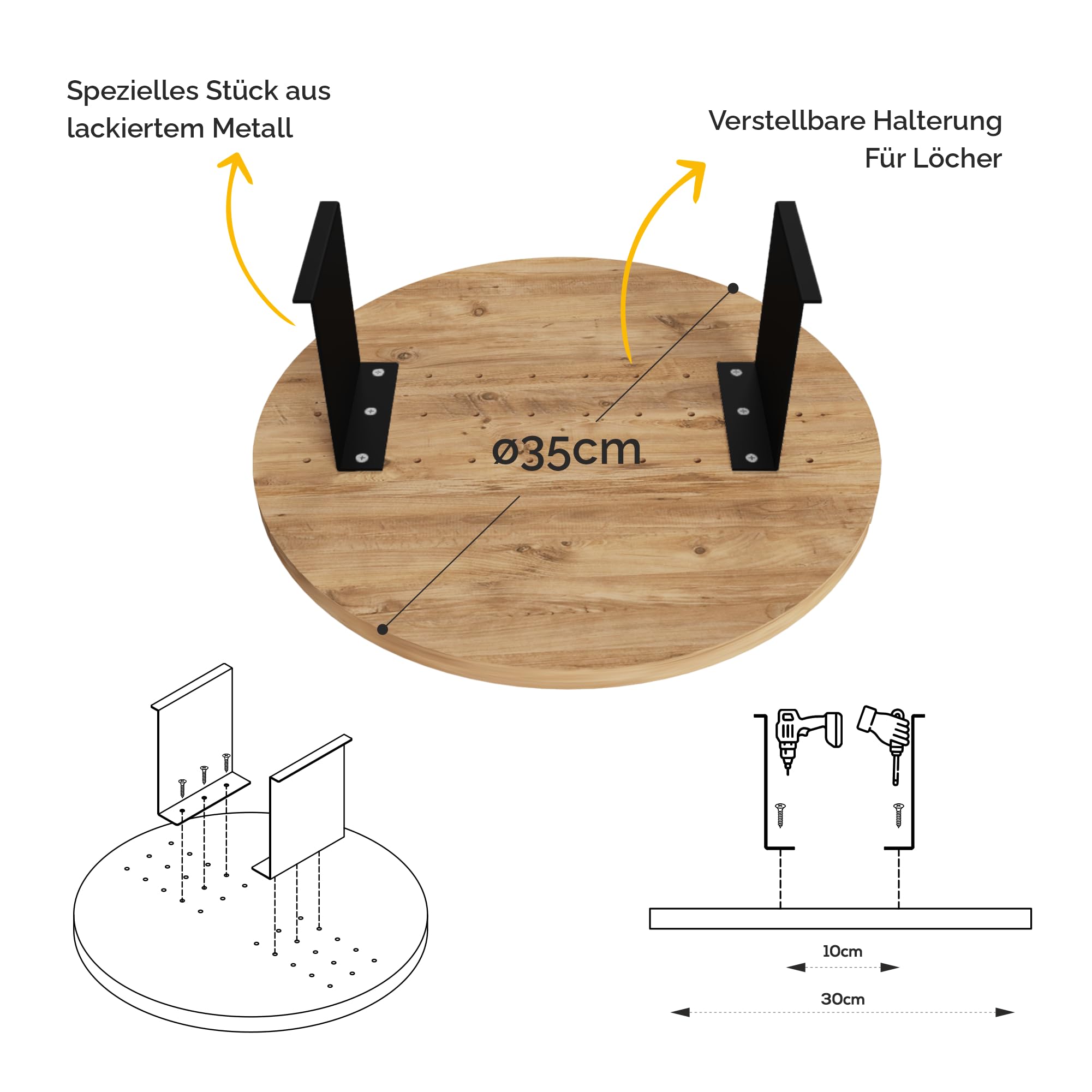Plateau de canapé avec accoudoir, plateau de canapé réglable, porte-gobelet, design spécial, support en métal pratique, plateau de siège, diamètre 35 cm (aspect bois)