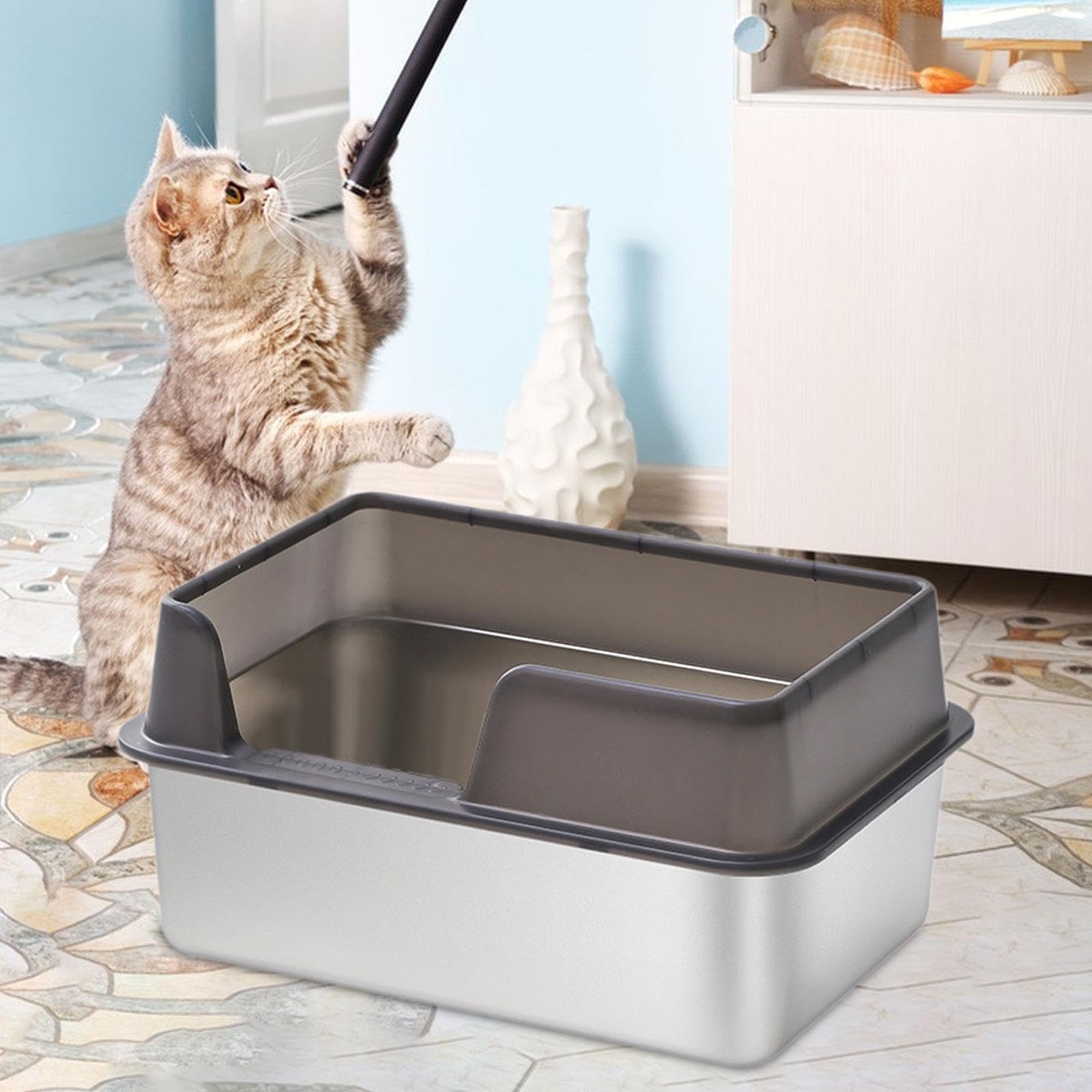 Arenero Abierto para Gatos de Acero Inoxidable con Paredes Y Base Profunda para Evitar Derrames de Arena para Uso Diario en Casa Mascotas, yo Negro